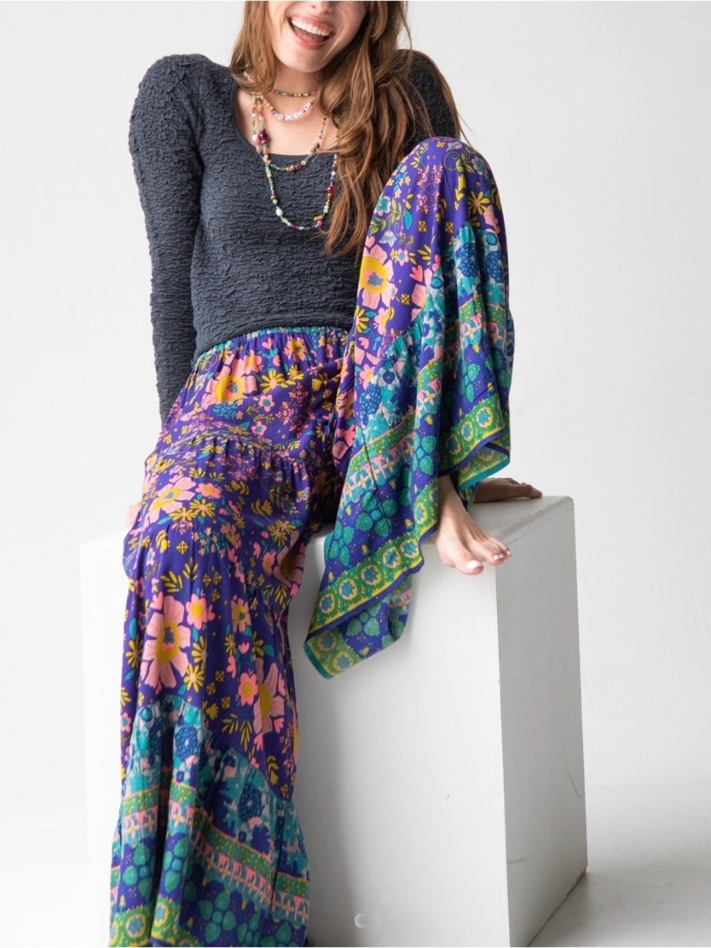 Natural Life Patti Palazzo Pants Medium Purple Floral Boho Wide Leg Rayon Tiered